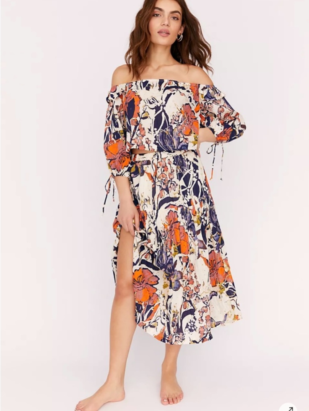 NWOT Free People Shasta FLORAL Set off shoulder top & midi skirt Cotton Sz XS